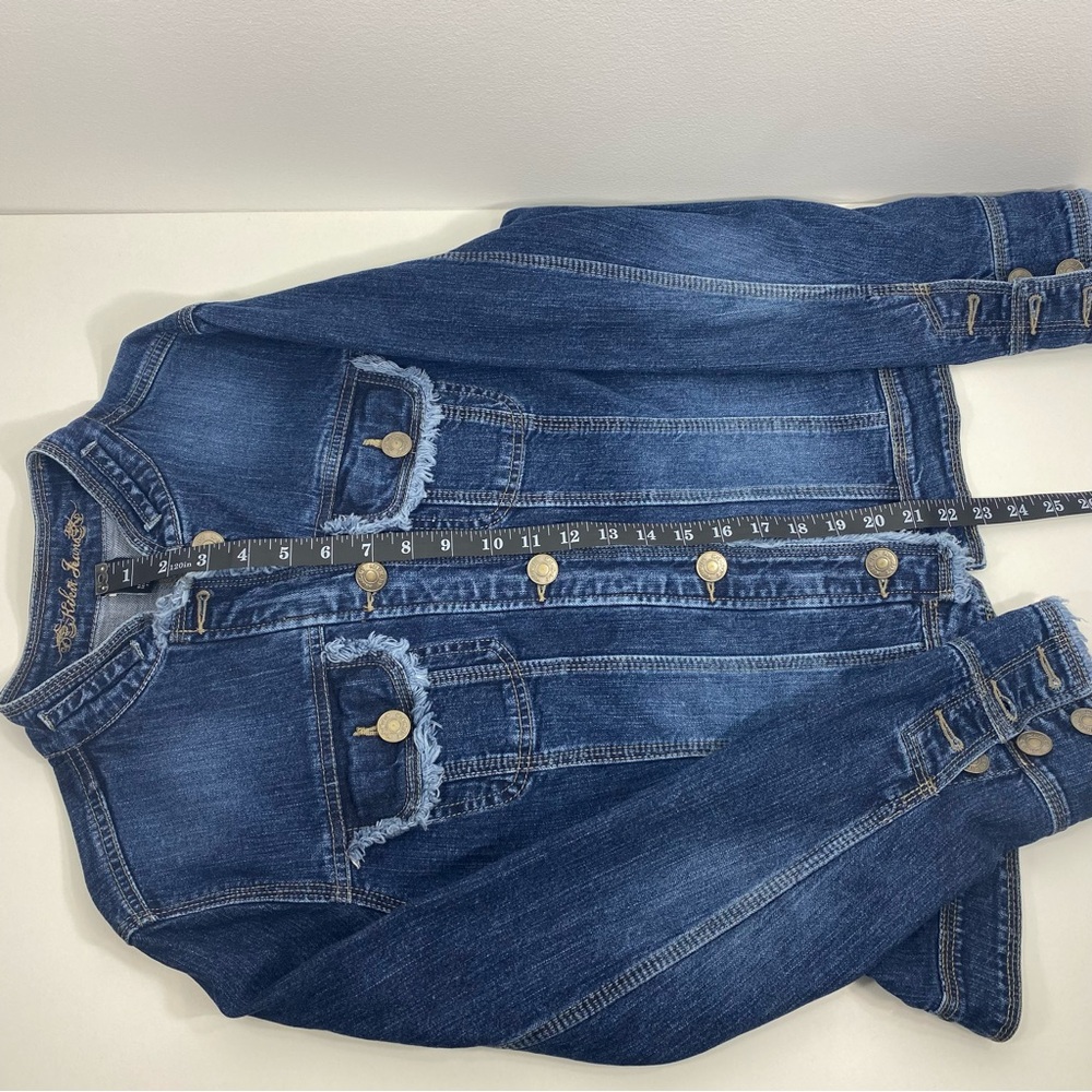 Kikit Jeans Frayed Raw Edge Distressed Trucker Blue Denim Jean Jacket Stretch XL - Picture 9 of 10